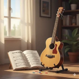 An affordable acoustic guitar positioned next to a beginner's music book, symbolizing accessibility for learning and practice with a best inexpensive acoustic guitar.