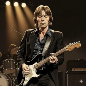 An illustration of Eric Clapton, the celebrated blues and rock guitarist and one of the best guitar players of all time, performing a soulful solo.