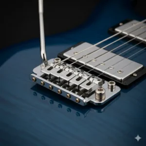 A floating tremolo guitar bridge on an electric guitar, with the whammy bar visible, illustrating how the bridge can be moved to change pitch.