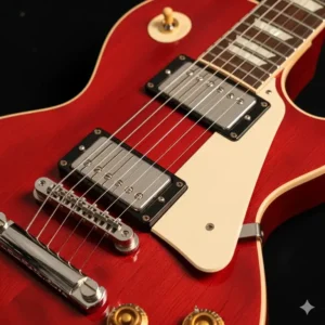 A detailed view of a Gibson Les Paul red electric guitar, highlighting its iconic single-cutaway body shape and humbucker pickups.