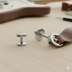 Side-by-side view of a standard guitar strap button and a locking strap button for comparison of guitar strap locks. 