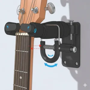 Close-up of a secure guitar wall mount, highlighting the padding and safety features to protect the guitar's neck. 