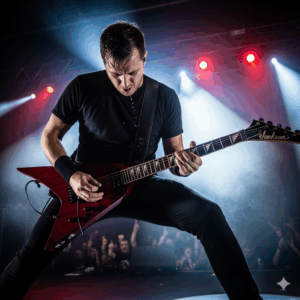 The famous Jackson Randy Rhoads V-shaped guitar, a bold and instantly recognizable model that's a cornerstone of the brand's heavy metal heritage.