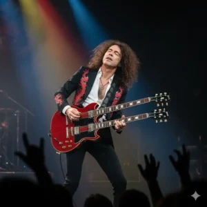 Jimmy Page performing live with Led Zeppelin, his legendary jimmy page les paul guitar slung low as he plays a solo. 