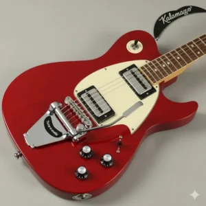 An electric Kalamazoo guitar with a cherry red finish and two pickups, showcasing its solid-body design and simple controls.