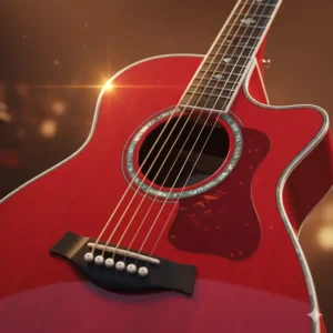 Detailed illustration focusing on the soundhole and rosette pattern of a high-quality red acoustic guitar. 