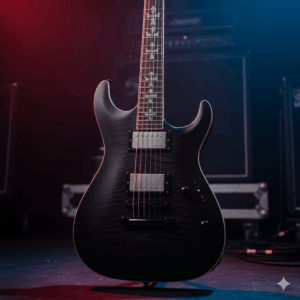 The Schecter Hellraiser, part of the Schecter Diamond Series guitar, equipped with active EMG pickups, often favored by heavy metal and rock guitarists.