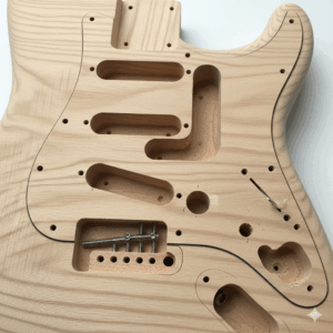 A detailed image of the routed cavities on a Stratocaster body, designed to fit single-coil pickups and the vibrato bridge system.