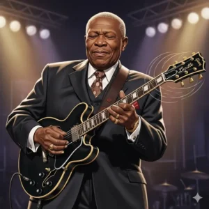 An illustration of the "King of the Blues," B.B. King, with his famous guitar, Lucille. He is widely considered one of the best guitar players of all time.
