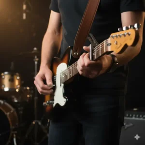 An electric guitar, such as a Fender Stratocaster, being held securely by a strap with installed guitar strap locks.