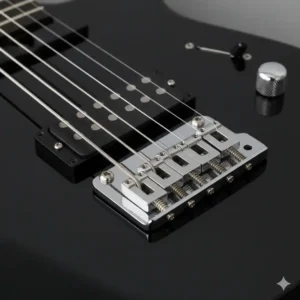 A simple, hardtail guitar bridge on an electric guitar, notable for its solid connection to the body and its contribution to sustain and tuning stability.