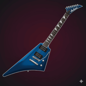  A powerful-looking Jackson King V guitar in a metallic finish, known for its aggressive style and sharp V-wing design favored by metal guitarists worldwide.