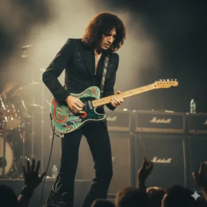 A historical photo of Jimmy Page with his "Dragon" Telecaster, highlighting its significance before he transitioned to the jimmy page les paul guitar for his signature sound. 