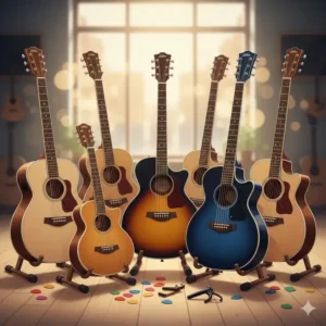 A collection of various best inexpensive acoustic guitar options, showing diverse styles and finishes available for budget-conscious buyers.