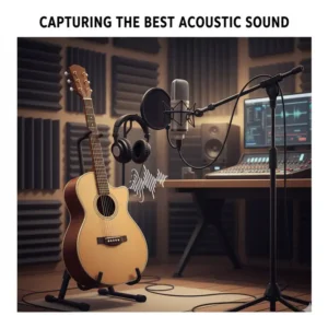A professional studio microphone positioned in front of an acoustic guitar, illustrating how to capture the instrument's best sounding acoustic guitar for recordings. 