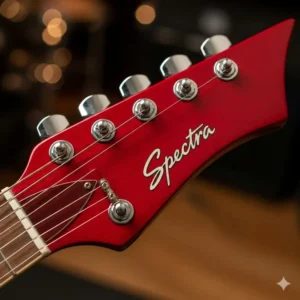 A close-up of the headstock of a cherry red electric guitar, showing the tuning pegs and the brand logo.