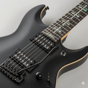 A detailed image of the Schecter Damien Platinum guitar, highlighting its satin black finish and Gothic Cross fretboard inlays.