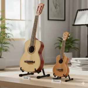 A side-by-side comparison of a ukulele and a small guitar, highlighting their size and shape differences.