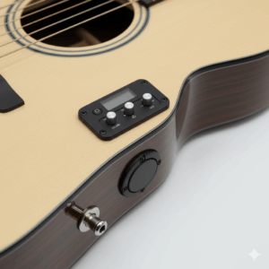 A person comfortably playing a thin body acoustic guitar while seated, illustrating its ergonomic design that reduces strain during long playing sessions.