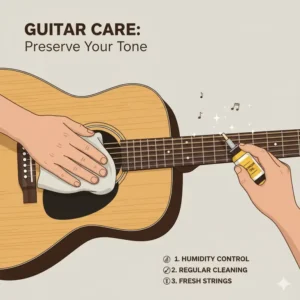 Hands cleaning and maintaining an acoustic guitar, emphasizing that proper care is essential for preserving the instrument's best sounding acoustic guitar and longevity. 
