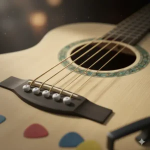 An intricate view of an acoustic guitar's soundhole and strings, emphasizing the quality components of a top best inexpensive acoustic guitar model.