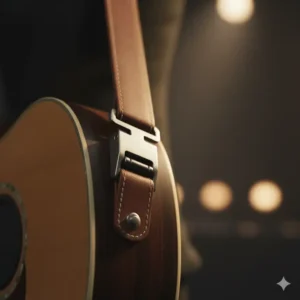 Acoustic guitar with a strap lock system, demonstrating its use on both electric and acoustic instruments with guitar strap locks. 
