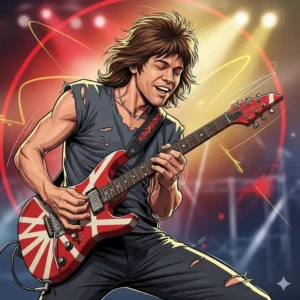 An illustration of Eddie Van Halen, the innovator of two-handed tapping and one of the best guitar players of all time, with his iconic Frankenstrat guitar.