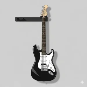 An electric guitar mounted on a wall with a sleek, low-profile guitar wall mount. 