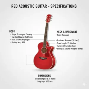 Graphic displaying the specific dimensions and materials used to craft this gorgeous red acoustic guitar. 
