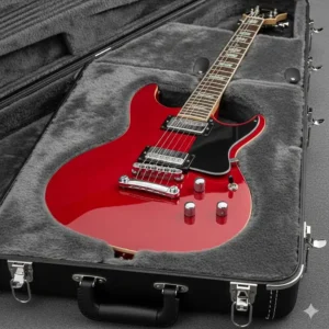 A brand new red electric guitar resting inside a plush-lined hard case, ready for transport.