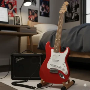 A vibrant, small electric guitar on a practice amp, perfect for aspiring rock stars with smaller hands.