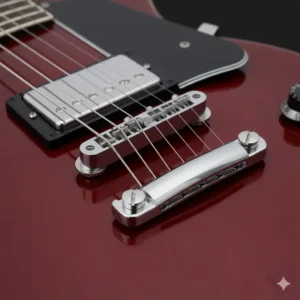 A Tune-o-Matic guitar bridge on a Les Paul-style guitar, showing the two-piece design with a separate tailpiece, which is popular for its ease of use and solid feel.