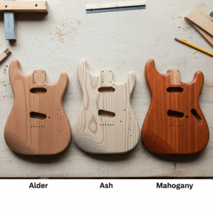 A visual comparison of different wood types commonly used to craft a Strat guitar body, such as alder, ash, and mahogany.