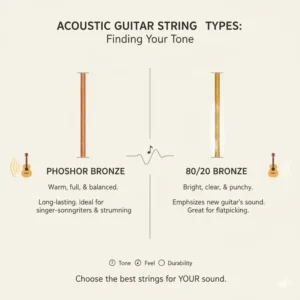 An illustration comparing different types of acoustic guitar strings (e.g., phosphor bronze, 80/20 bronze) and how they influence the best sounding acoustic guitar tone. 