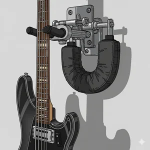  A heavy bass guitar held firmly by a durable guitar wall mount, showing its sturdy construction.