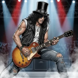 Illustration of guitarist Slash, who is considered one of the best guitar players of all time, wearing his signature top hat and playing a Gibson Les Paul.