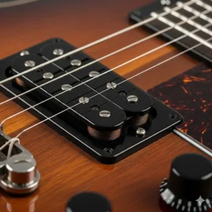 Close-up of the pickups on a Martin electric guitar 