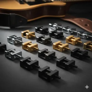  A collection of various metal guitar strap locks in different finishes like chrome, black, and gold.