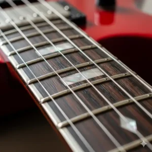A macro shot of the rosewood fretboard on a red electric guitar, focusing on the metallic frets and inlay markers.
