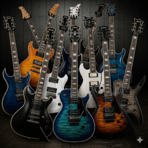 A collection of various Schecter Diamond Series guitars displayed together, illustrating the diverse range of body styles and finishes available.