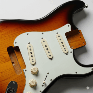 A Stratocaster guitar body with the classic three-ply pickguard and pickups already mounted, showcasing the assembled look.