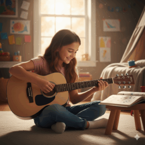 A young person learning to play a thin body acoustic guitar, showcasing its beginner-friendly size and comfortable feel for new players.