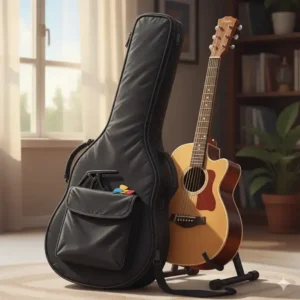 A best inexpensive acoustic guitar packed with essential accessories like a gig bag, picks, and capo, ready for transport and play.