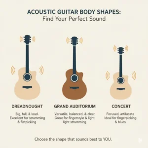 An infographic showcasing various acoustic guitar body shapes (e.g., dreadnought, grand auditorium, concert) and their respective tonal characteristics, guiding players to find a best sounding acoustic guitar for their style.