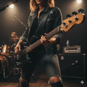 A bassist playing a bass guitar, showing how guitar strap locks provide a reliable connection during performance.