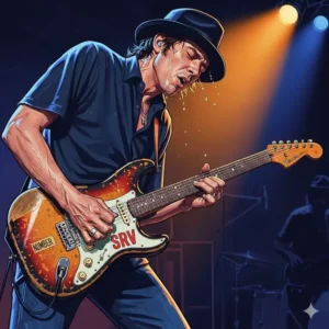 An illustration of blues rock master Stevie Ray Vaughan, one of the best guitar players of all time, playing his heavily worn Fender Stratocaster.
