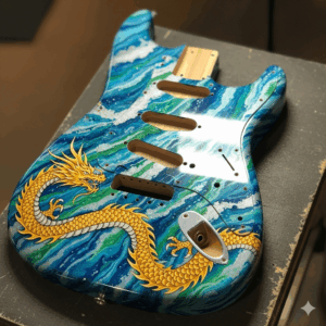 A unique, custom-painted Strat guitar body featuring a distinctive and artistic design, demonstrating the potential for personalization.