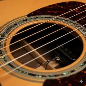 The soundhole of a Martin acoustic-electric guitar