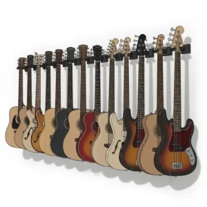 A collection of multiple guitars displayed side-by-side on a wall using several guitar wall mounts to save space.
