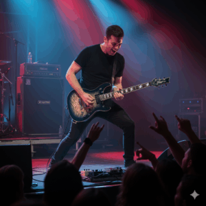 An electric guitarist performing live on stage with a Schecter Diamond Series guitar, showcasing its stage presence and powerful sound.